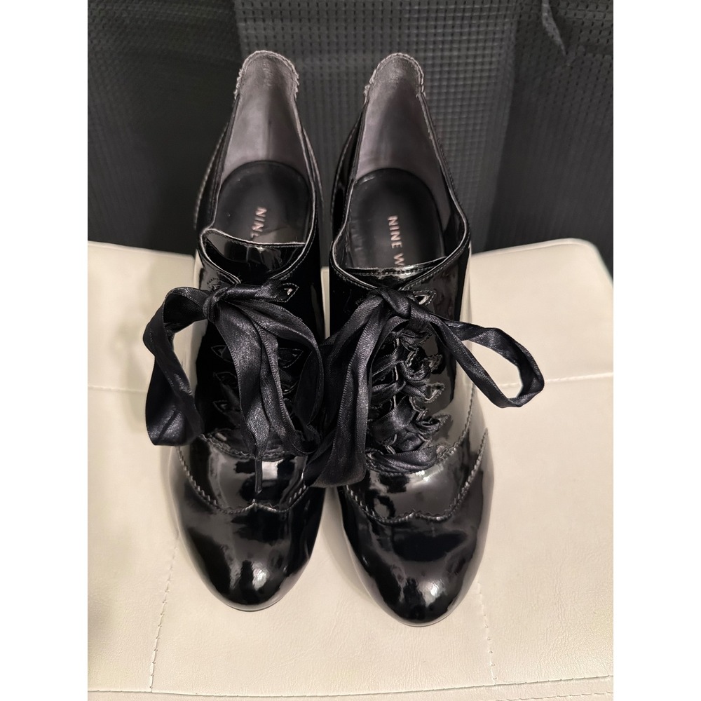 Nine West Black Patent Leather Ribbon Lace Up High Heel Oxford Pumps Sz 9